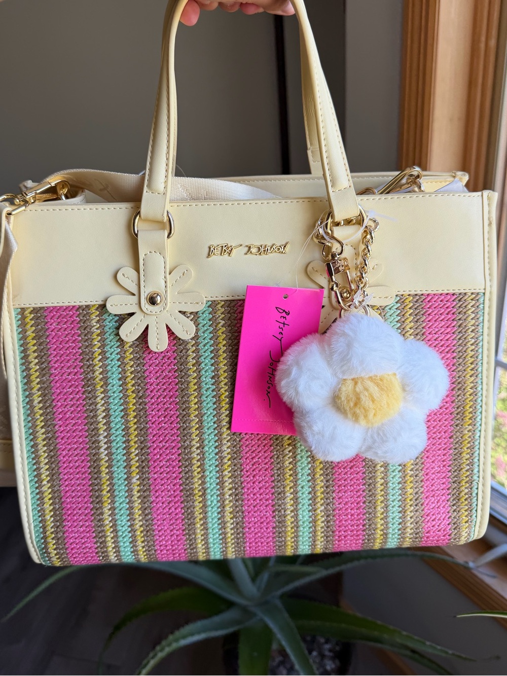 Betsey Johnson Yellow Floral Stripe Satchel with Pink & Multicolor Panels